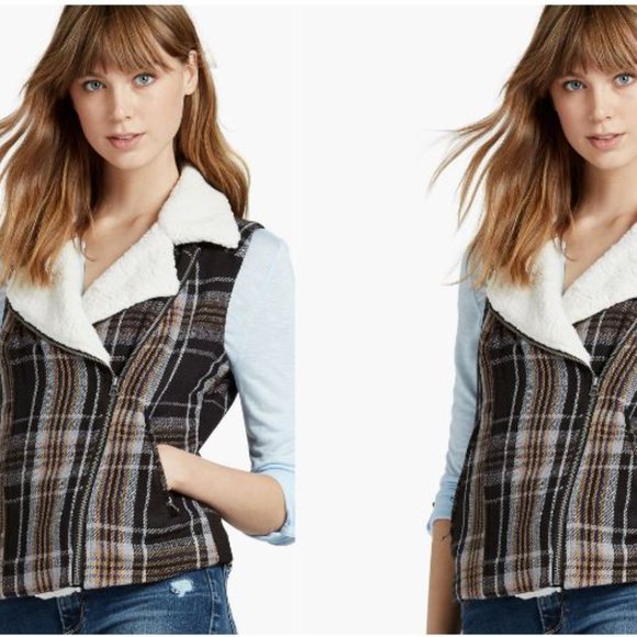 Lucky Brand Womens Plaid Sherpa Vest Jacket 7WD3108 Asymmetrical Zip Black SZ S - Picture 1 of 8